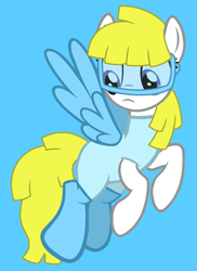 Size: 795x1094 | Tagged: safe, artist:jigglewiggleinthepigglywiggle, derpibooru import, surprise, pegasus, pony, g1, g4, adoraprise, blue background, clothes, cute, cyan background, dive mask, female, flippers (gear), frown, g1 to g4, generation leap, goggles, mare, scuba diver, simple background, solo, surprise is not amused, swimsuit, unamused, underwater surprise