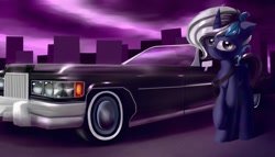 Size: 1280x734 | Tagged: safe, artist:rainydark, derpibooru import, oc, oc only, pony, unicorn, cadillac, car, city, dark, dark background, full body, horn, looking up, male, night, purple background, sad, simple background, unicorn oc