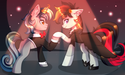 Size: 3500x2100 | Tagged: safe, artist:leah minik, artist:stormcloud, derpibooru import, oc, oc only, earth pony, pony, unicorn, clothes, dancing, dress, duet, female, holding hooves, light, magic, male, male and female, mare, shipping, smiling, spotlight, stallion, straight