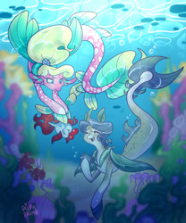 Size: 1280x1536 | Tagged: safe, artist:pupaprimeedition, derpibooru import, oc, oc only, fish, seapony (g4), blue eyes, bubble, collar, coral, crepuscular rays, digital art, dorsal fin, female, fin wings, fins, fish tail, flowing mane, flowing tail, happy, mare, ocean, open mouth, seaweed, signature, smiling, sunlight, swimming, tail, teeth, underwater, water, wings