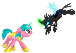 Size: 3337x2335 | Tagged: safe, artist:gaiusmaximiliano, derpibooru import, oc, oc only, oc:lily glamerspear, changeling, pony, unicorn, fanfic:everyday life with guardsmares, armor, changeling oc, duo, everyday life with guardsmares, eye contact, female, fight, flying, frown, glowing, glowing horn, guardsmare, high res, horn, insect wings, looking at each other, looking at someone, magic, magic aura, mare, royal guard, simple background, spread wings, teeth, transparent background, unicorn oc, vector, wings