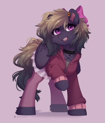 Size: 1793x2100 | Tagged: safe, artist:floweryoutoday, derpibooru import, oc, oc only, oc:tanya hastur, pegasus, pony, bow, cheek fluff, choker, clothes, commission, ear piercing, eye clipping through hair, eyebrows, eyebrows visible through hair, female, hair bow, hoodie, leg fluff, looking at you, mare, open mouth, open smile, pegasus oc, piercing, raised leg, simple background, skirt, smiling, smiling at you, solo, tights