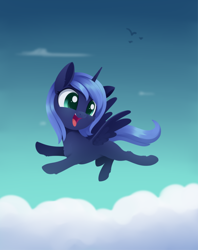 Size: 1778x2247 | Tagged: safe, artist:dusthiel, derpibooru import, princess luna, pony, atg 2022, female, filly, flying, foal, newbie artist training grounds, solo, woona, younger