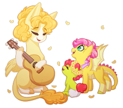 Size: 2535x2245 | Tagged: safe, artist:purplegrim40, derpibooru import, oc, oc only, dracony, dragon, earth pony, hybrid, pegasus, pony, female, filly, foal, guitar, mare, musical instrument, simple background, transparent background