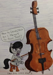 Size: 2689x3798 | Tagged: safe, artist:rapidsnap, derpibooru import, octavia melody, earth pony, pony, cello, cute, female, filly, filly octavia, foal, grumpy, musical instrument, solo, traditional art, younger