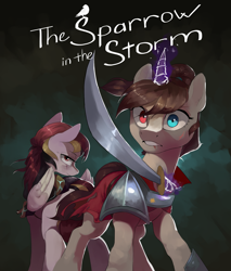 Size: 4259x5000 | Tagged: safe, artist:cadillacdynamite, derpibooru import, oc, oc only, pegasus, pony, unicorn, fanfic:the sparrow in the storm, armor, fanfic, fanfic art, fanfic cover, heterochromia, sword, weapon