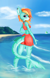 Size: 2280x3504 | Tagged: safe, artist:qbellas, derpibooru import, oc, oc only, anthro, original species, shark, shark pony, anthro oc, ass, beach, beach shorts swimsuit, butt, clothes, female, looking at you, looking back, shorts, solo