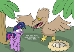 Size: 2847x1990 | Tagged: safe, artist:doodledonutart, derpibooru import, twilight sparkle, twilight sparkle (alicorn), alicorn, bird, chicken, pony, comic, egg, nervous, nervous grin, nervous sweat, nest, newbie artist training grounds, prehistoric, shivering, smiling, sweat, sweatdrops