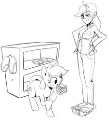 Size: 661x733 | Tagged: safe, artist:applephil, derpibooru import, applejack, earth pony, human, pony, black and white, clothes, feet, female, grayscale, hand on hip, human ponidox, humanized, mare, monochrome, mouth hold, sandals, self paradox, self ponidox, simple background, slippers, white background, wiggling toes