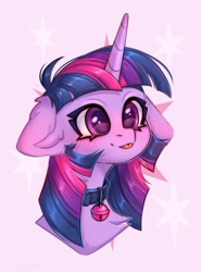 Size: 1407x1905 | Tagged: safe, artist:arisuyukita, derpibooru import, twilight sparkle, twilight sparkle (alicorn), alicorn, pony, :p, bell, bell collar, bust, cat bell, chest fluff, collar, cute, ear fluff, ears, female, floppy ears, mare, portrait, solo, tongue, tongue out, twiabetes