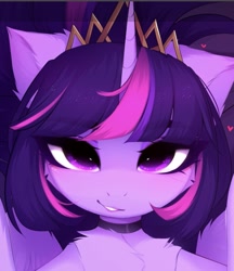 Size: 1137x1318 | Tagged: safe, artist:magnaluna, derpibooru import, twilight sparkle, twilight sparkle (alicorn), alicorn, pony, unicorn, alternate hairstyle, bedroom eyes, collar, crown, eyebrows, eyebrows visible through hair, female, heart, heart eyes, jewelry, lipstick, looking at you, mare, purple eyes, regalia, smiling, smiling at you, solo, wingding eyes