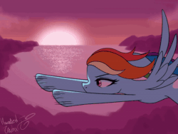 Size: 600x450 | Tagged: safe, artist:hauntedtuba, derpibooru import, rainbow dash, pegasus, pony, animated, blinking, cloud, female, flapping wings, flying, gif, loop, motion lines, perfect loop, signature, solo, spread wings, sunset, water, windswept mane, wings