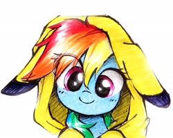 Size: 2235x1790 | Tagged: safe, artist:liaaqila, derpibooru import, rainbow dash, pegasus, pikachu, pony, clothes, cute, daaaaaaaaaaaw, dashabetes, eye clipping through hair, hoodie, liaaqila is trying to murder us, liaaqila is trying to murder us with dashabetes, looking at you, pokémon, simple background, smiling, smiling at you, solo, traditional art, weapons-grade cute, white background