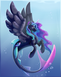 Size: 1001x1273 | Tagged: safe, artist:cyanreef, derpibooru import, oc, oc only, alicorn, hybrid, merpony, seapony (g4), artfight, blue mane, bubble, crepuscular rays, curved horn, digital art, dorsal fin, feather, female, fins, fish tail, flowing mane, flowing tail, green eyes, horn, mare, ocean, seaponified, signature, smiling, solo, species swap, spread wings, swimming, tail, underwater, water, wings