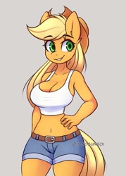 Size: 800x1120 | Tagged: safe, artist:handgunboi, derpibooru import, applejack, anthro, earth pony, applerack, belly button, belt, big breasts, breasts, cleavage, clothes, curvy, denim shorts, female, freckles, gray background, hand on hip, hat, hourglass figure, mare, midriff, shorts, simple background, smiling, solo, stupid sexy applejack, tanktop