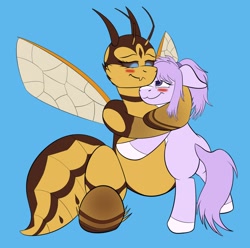 Size: 1480x1466 | Tagged: safe, artist:beeberry76, artist:triksa, derpibooru import, oc, oc only, oc:bee berry, oc:mio, bee, bee pony, earth pony, original species, collaboration, blue background, blushing, duo, ears, earth pony oc, female, females only, floppy ears, hug, simple background