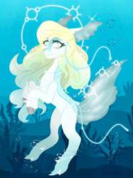 Size: 1280x1707 | Tagged: safe, artist:deadlybean2019, derpibooru import, oc, oc only, original species, pony, bubble, coral, digital art, female, fin wings, fins, flowing mane, flowing tail, jewelry, lineless, mare, necklace, ocean, pearl necklace, seaweed, smiling, solo, tail, underwater, unshorn fetlocks, water, wings