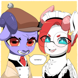 Size: 3000x3000 | Tagged: safe, artist:sugarelement, derpibooru import, oc, oc:madeline, oc:red cherry, deer, goat, pegasus, pony, butler, clothes, doe, female, glasses, maid, maid headdress, speech bubble