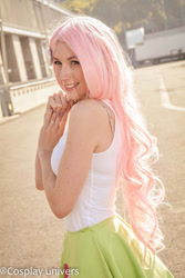 Size: 640x960 | Tagged: safe, artist:evaangelyne, derpibooru import, fluttershy, human, 2015, bare shoulders, clothes, cosplay, costume, irl, irl human, photo, sleeveless, solo, tanktop