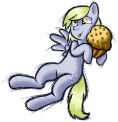 Size: 2920x3020 | Tagged: safe, artist:trr_bc, derpibooru import, derpy hooves, pegasus, pony, fighting is magic, fighting is magic aurora, food, golden eyes, gray coat, muffin, simple background, solo, splash art, white background, yellow mane