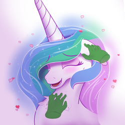 Size: 2008x2000 | Tagged: safe, alternate version, artist:enonnnymous, derpibooru import, princess celestia, oc, oc:anon, blushing, chest fluff, cute, cutelestia, disembodied hand, ear scratch, eyes closed, floating heart, hand, happy, heart, laughing, simple background, transparent background