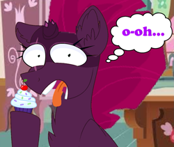 Size: 973x822 | Tagged: safe, artist:decokenite, artist:katnekobase, derpibooru import, fizzlepop berrytwist, tempest shadow, pony, unicorn, cupcake, eating, female, food, it happened, mare, oh no, open mouth, shocked, shocked expression, shocked eyes, solo, speech bubble, tongue, tongue out, wtf, wtf face