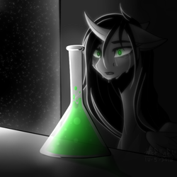 Size: 750x750 | Tagged: safe, artist:kat-the-true-kitkat, derpibooru import, oc, oc only, pony, unicorn, crying, erlenmeyer flask, flask, horn, inktober, inktober 2018, solo, unicorn oc