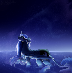 Size: 1489x1499 | Tagged: safe, artist:kat-the-true-kitkat, derpibooru import, princess luna, alicorn, pony, female, mare, night, outdoors, pond, solo, stars, water