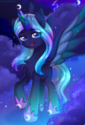 Size: 1700x2500 | Tagged: safe, artist:stormcloud, derpibooru import, oc, oc only, alicorn, pony, blue mane, commission, crescent moon, crown, female, gradient eyes, gradient mane, gradient tail, hoof shoes, jewelry, looking at you, mare, moon, night, open mouth, ponified, raised hoof, raised leg, regalia, smiling, solo, spread wings, tail, wings