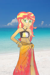 Size: 1594x2393 | Tagged: safe, artist:nathanamiel, derpibooru import, sunset shimmer, equestria girls, beach, belly button, bikini, bikini top, clothes, fiery shimmer, sarong, summer, swimsuit