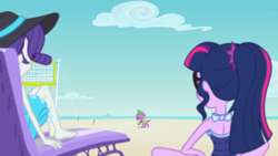 Size: 1920x1080 | Tagged: safe, derpibooru import, screencap, rarity, sci-twi, spike, spike the regular dog, twilight sparkle, dog, better together, equestria girls, forgotten friendship, bare shoulders, barefoot, beach, beach chair, bikini, breasts, clothes, duo, duo female, feet, female, hat, rarity's blue sarong, sarong, sci-twi swimsuit, sitting, sleeveless, sun hat, swimsuit