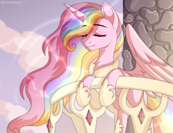 Size: 2500x1924 | Tagged: safe, artist:stormcloud, derpibooru import, oc, oc only, oc:pink satin, alicorn, pony, alicorn oc, balcony, commission, dawn, eyes closed, female, hoof shoes, horn, mare, multicolored hair, rainbow hair, smiling, solo, wings, ych result