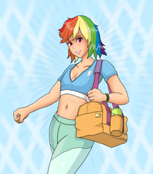 Size: 1163x1321 | Tagged: safe, artist:carpdime, derpibooru import, rainbow dash, human, bag, belly button, delicious flat chest, female, humanized, midriff, rainbow flat, small breasts, solo