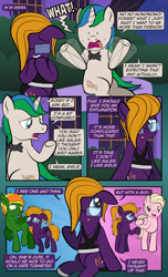 Size: 1920x3168 | Tagged: safe, artist:alexdti, derpibooru import, oc, oc only, oc:emerald grace, oc:heart struck, oc:purple creativity, oc:star logic, bat pony, pegasus, pony, unicorn, comic:quest for friendship, bat pony oc, bat wings, blushing, bowtie, comic, dialogue, dot eyes, ears, ears back, eyes closed, fangs, female, floppy ears, folded wings, giggling, glasses, hair over one eye, high res, hooves, horn, lidded eyes, looking at each other, looking at someone, looking up, male, mare, misspelling, narrowed eyes, open mouth, open smile, outdoors, pegasus oc, raised hoof, raised leg, sitting, smiling, speech bubble, stallion, standing, two toned mane, underhoof, unicorn oc, wall of tags, wings, yelling