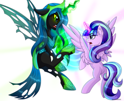 Size: 5000x4065 | Tagged: safe, artist:stormcloud, derpibooru import, queen chrysalis, starlight glimmer, alicorn, changeling, changeling queen, pony, alicornified, commission, crown, duel, female, fight, flying, hoof shoes, jewelry, looking at each other, looking at someone, magic, magic aura, mare, race swap, rearing, regalia, simple background, spread wings, starlicorn, vs, white background, wings, xk-class end-of-the-world scenario