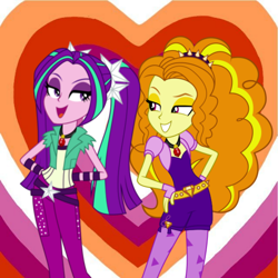 Size: 1280x1280 | Tagged: safe, artist:themexicanpunisher, derpibooru import, adagio dazzle, aria blaze, equestria girls, adaria, card, duo, female, lesbian, request, shipping