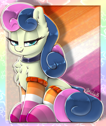 Size: 986x1168 | Tagged: safe, artist:llametsul, derpibooru import, bon bon, sweetie drops, earth pony, pony, atg 2022, chest fluff, choker, clothes, cute, ear fluff, ears, female, lesbian, lesbian pride flag, lidded eyes, looking at you, mare, newbie artist training grounds, pride, pride flag, signature, sitting, smiling, socks, solo, stockings, thigh highs