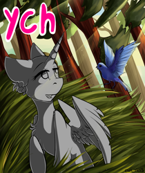 Size: 1576x1874 | Tagged: safe, artist:yuris, derpibooru import, oc, bird, pony, advertisement, auction, commission, cute, forest, grass, smiling, solo, tree, ych sketch, your character here