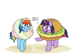 Size: 2913x2128 | Tagged: safe, artist:doodledonutart, derpibooru import, rainbow dash, twilight sparkle, twilight sparkle (alicorn), alicorn, pegasus, pony, burger, burger costume, clothes, comic, commission, costume, cream, food, food costume, hamburger, hay burger, ice, ice cream, ice cream costume, sherbet, sherbet costume, simple background, twilight burgkle, white background