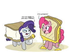 Size: 2913x2128 | Tagged: safe, artist:doodledonutart, derpibooru import, pinkie pie, rarity, earth pony, pony, unicorn, cheese, clothes, commission, costume, food, food costume, grilled cheese, grilled cheese costume, rarity is a marshmallow, s'mores, s'mores costume, sandwich, sandwich costume, simple background, white background