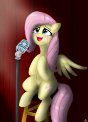 Size: 1280x1773 | Tagged: safe, artist:lennondash, derpibooru import, fluttershy, pegasus, pony, blushing, crying, curtains, female, mare, microphone, open mouth, singing, sitting, solo, spotlight, spread wings, stool, tears of joy, wings