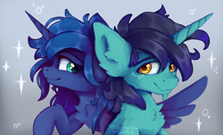 Size: 2382x1435 | Tagged: safe, artist:mochalula, derpibooru import, princess luna, oc, alicorn, pony, unicorn, duo, female, male, mare, simple background, stallion