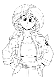 Size: 1222x1670 | Tagged: safe, artist:reiduran, derpibooru import, sunset shimmer, human, dragon ball, dragon ball z, humanized, looking at you, monochrome, simple background, solo, style emulation, white background