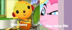 Size: 1807x761 | Tagged: safe, derpibooru import, edit, edited screencap, screencap, pinkie pie, earth pony, pony, robot, party of one, season 1, crossover, cute, female, male, mare, meme, okie doki loki, olie polie, rolie polie olie