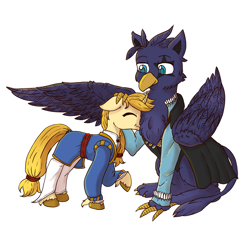 Size: 2000x2000 | Tagged: safe, artist:cookieart2k22, derpibooru import, oc, oc only, oc:eid, oc:regal inkwell, griffon, pony, unicorn, chest fluff, clothes, cuddling, cute, doublet, duo, gay, head pat, male, nobility, nuzzling, pat, simple background, size difference, white background