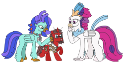 Size: 3228x1685 | Tagged: safe, artist:supahdonarudo, derpibooru import, queen novo, oc, oc:ironyoshi, oc:sea lilly, classical hippogriff, hippogriff, pony, unicorn, my little pony: the movie, camera, clothes, confused, excited, jewelry, necklace, newbie artist training grounds, shirt, simple background, transparent background