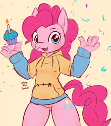 Size: 1127x1280 | Tagged: safe, artist:urbanfoxgamer, derpibooru import, pinkie pie, anthro, earth pony, :3, bottomless, candle, clothes, confetti, cupcake, cute, cute little fangs, cutie mark, fangs, featureless crotch, female, food, hoodie, looking at you, nudity, partial nudity, smiling, solo, thighs, thunder thighs