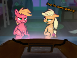 Size: 2732x2048 | Tagged: safe, artist:phutashi, derpibooru import, applejack, big macintosh, earth pony, pony, atg 2022, brother and sister, controller, dialogue, duo, ears, female, floppy ears, grin, joystick, male, missing accessory, newbie artist training grounds, siblings, smiling, television, video game