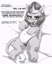 Size: 3271x4057 | Tagged: safe, artist:pabbley, edit, editor:hotkinkajou, ponerpics import, sphinx (character), sphinx, angry, belly button, clothes, cute, cute little fangs, dialogue, fangs, fat, female, grayscale, lying down, monochrome, neo noir, on back, open mouth, open smile, panties, partial color, smiling, solo, sweat, talking to viewer, thong, underwear, x-ussy