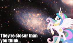 Size: 1775x1046 | Tagged: safe, derpibooru import, princess celestia, alicorn, pony, caption, female, galaxy, image macro, irl, photo, solo, space, stars, stephan's quintet, stock vector, text, vector